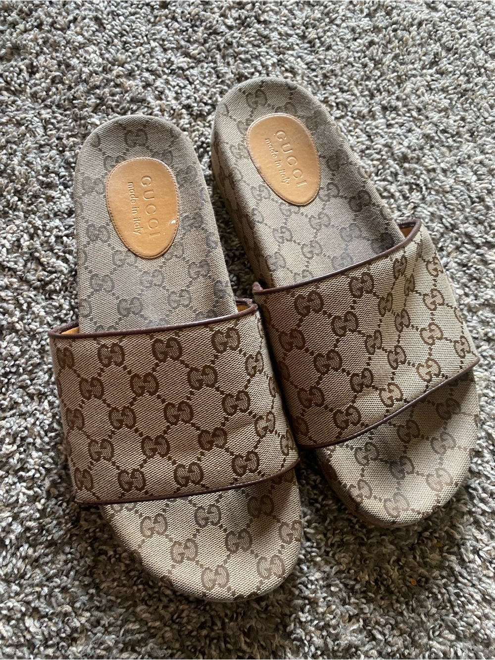 Gucci Beige Brown GG Canvas Slide Sandals